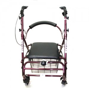 Andador con asiento, ruedas, canasto y frenos